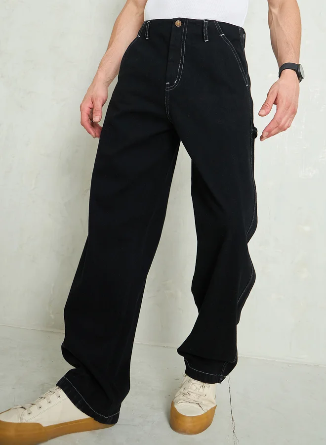 SASSAFRAS Men Black Mid Rise Contrast Thread Detail Wide Leg Jeans