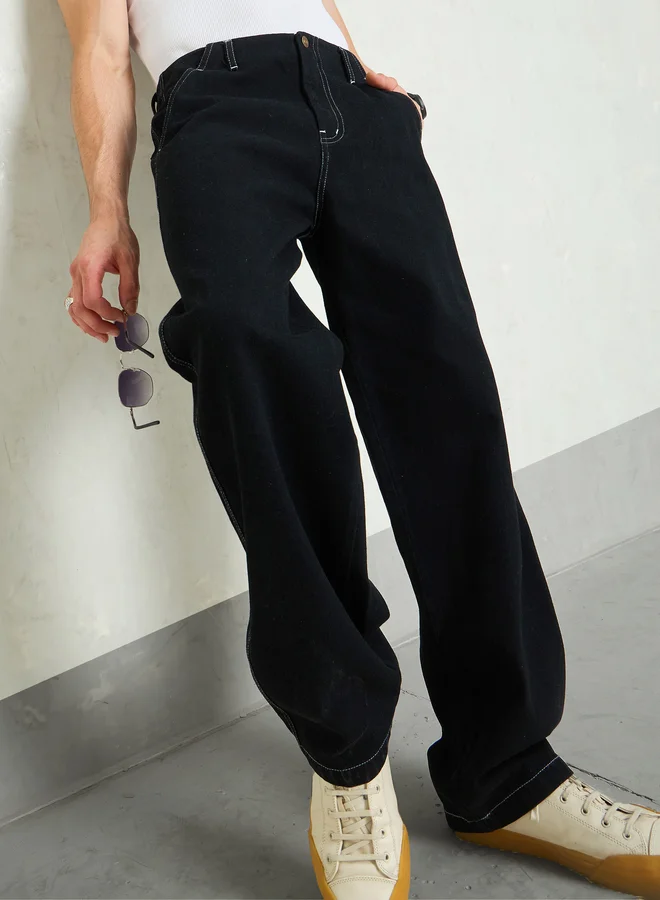 ساسافراس Sassafras Men Black Mid Rise Contrast Thread Detail Wide Leg Jeans