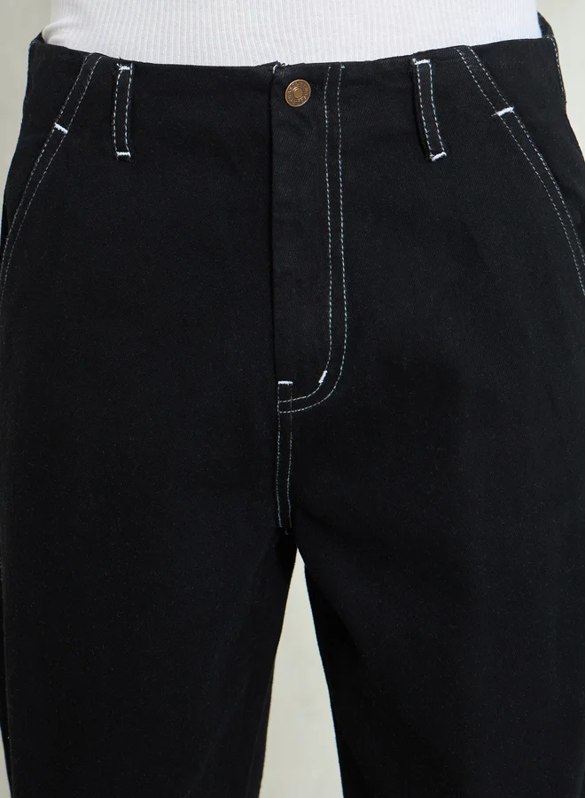 SASSAFRAS Men Black Mid Rise Contrast Thread Detail Wide Leg Jeans