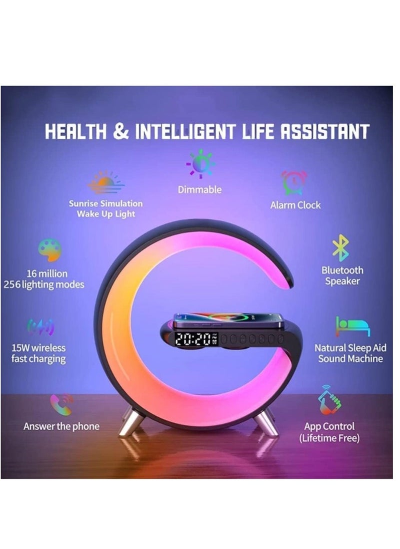 HuHa - Bedside Table Lamp, Desk Night Light with 15W Quick Wireless Charger and Bluetooth Speaker, Desk Lamp with Alarm Clock and 256 RGB Light Modes - Image 1