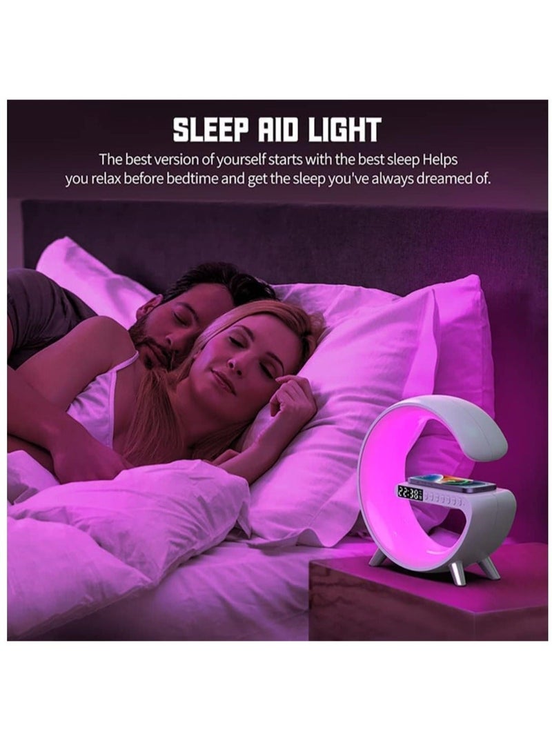 HuHa - Bedside Table Lamp, Desk Night Light with 15W Quick Wireless Charger and Bluetooth Speaker, Desk Lamp with Alarm Clock and 256 RGB Light Modes - Image 1