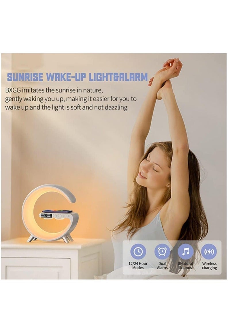 HuHa - Bedside Table Lamp, Desk Night Light with 15W Quick Wireless Charger and Bluetooth Speaker, Desk Lamp with Alarm Clock and 256 RGB Light Modes - Image 1