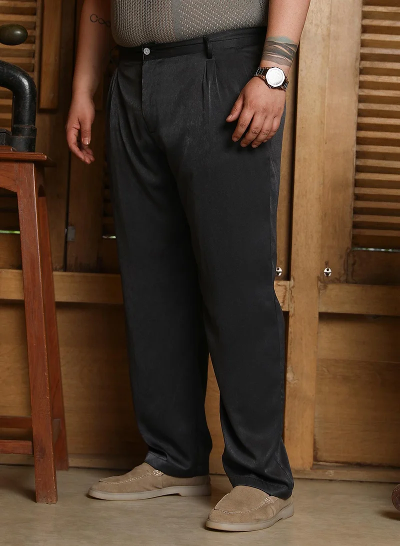 Instafab Plus  Instafab Plus Men's Midnight Black Velvet Pleated Trousers For Casual Wear | Mid-Rise | Straight Fit | Button Closure | Plus Size Trousers Crafted With Comfort Fit For Everyday Wear for Men | Best Price UAE