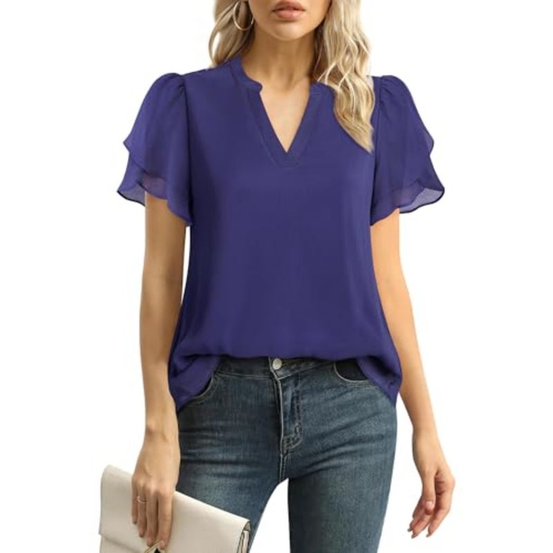 Lotusmile Elegant Chiffon Blouse for Women, Summer, Puff Blossoms, Short Sleeves, V-Neck, Casual Work Top - Image 1