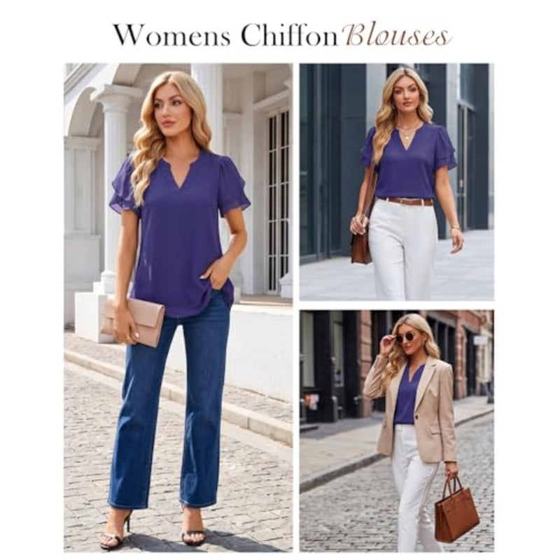 Lotusmile Elegant Chiffon Blouse for Women, Summer, Puff Blossoms, Short Sleeves, V-Neck, Casual Work Top - Image 5