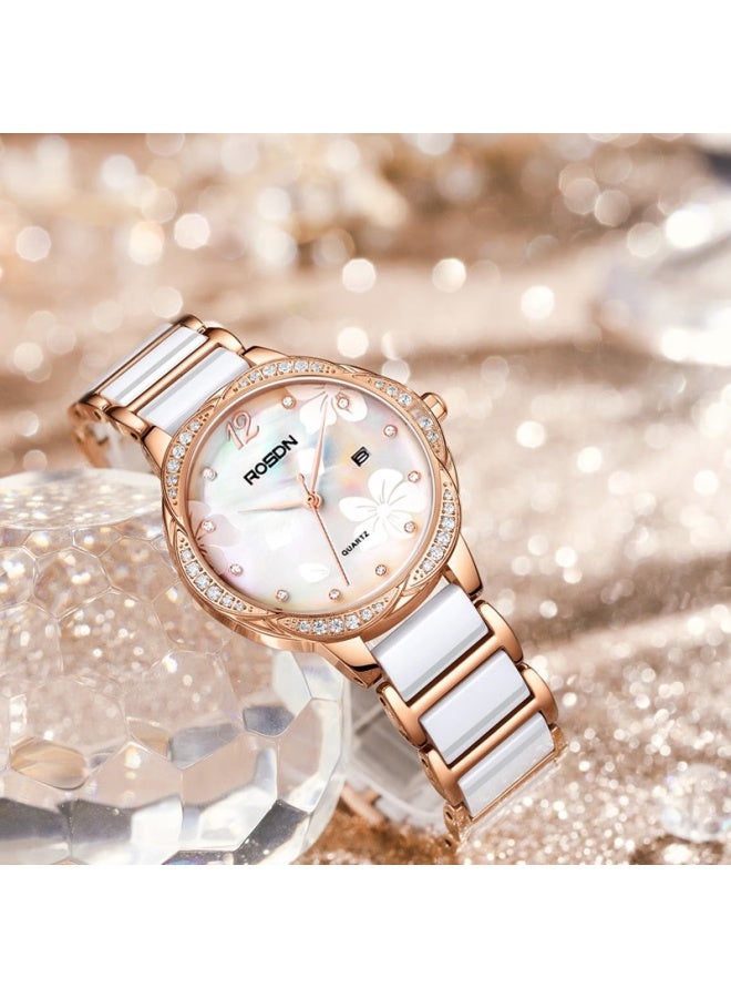 Rosdn Floral Series Women's Watch With Calendar, Water-resistant Ceramic Strap Ladies Watch, Top Ten Brands, 38mm Gift For Girlfriend - Image 3