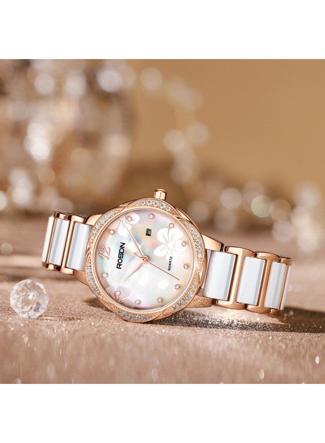 Rosdn Floral Series Women's Watch With Calendar, Water-resistant Ceramic Strap Ladies Watch, Top Ten Brands, 38mm Gift For Girlfriend - Image 4