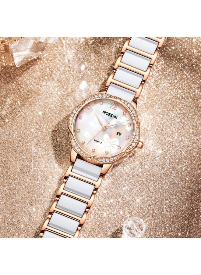 Rosdn Floral Series Women's Watch With Calendar, Water-resistant Ceramic Strap Ladies Watch, Top Ten Brands, 38mm Gift For Girlfriend - Image 5