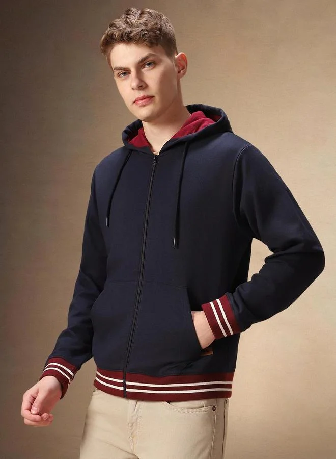 Dennis Lingo Men Navy Blue Striped Zip-Up Sweatshirt