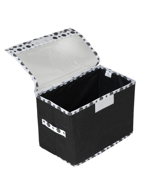 Kuber Industries Foldable Boxes For Storage - Multipurpose Storage Organizer For Clothes | Wardrobe | Closet | Toys | Books - Undergarment Organizer Basket With Handle And Lid (Black With Polka Dots)