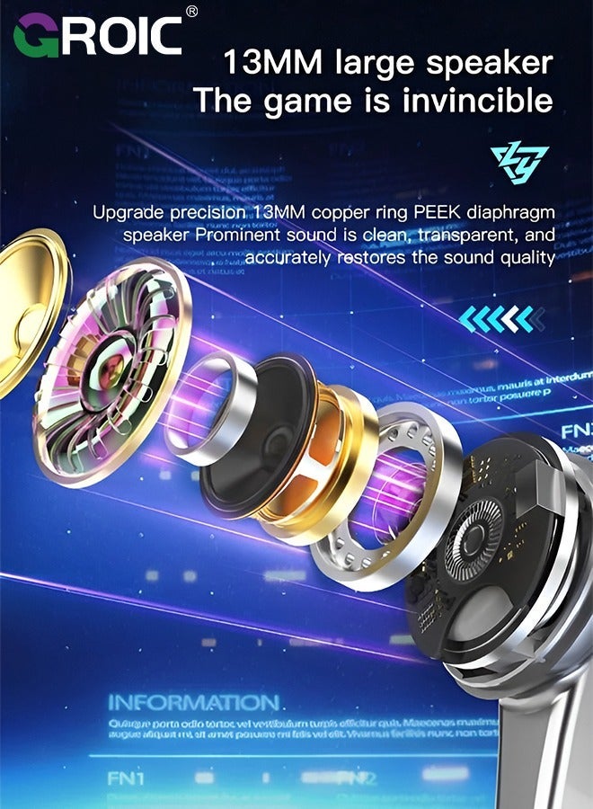 GROIC Silver Wireless Earbuds Bluetooth Headphones 48.5 Hrs Playtime, Waterproof Earphone, Dual Mic Call Noise Cancelling with Charging Case - Image 4