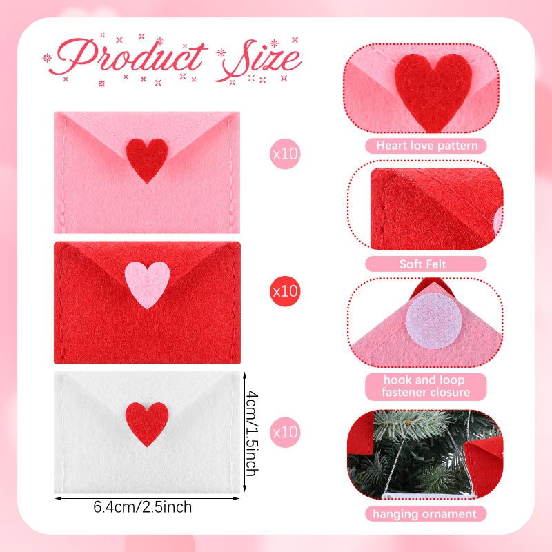 Tingjoo 30 Pcs Valentine's Day Envelope Ornaments Bulk Colorful Felt Heart Love Envelopes Ornaments Valentines Stitching Note Table Scatter for Valentine's Day Wedding Shower Party Decor - Image 3