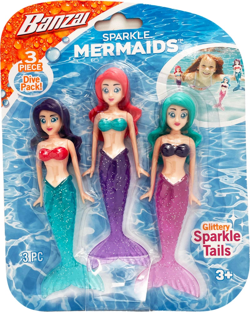 BANZAI 3 Piece Sparkle Mermaid Dive Toys - Glittery Sparkle Tails - Image 1