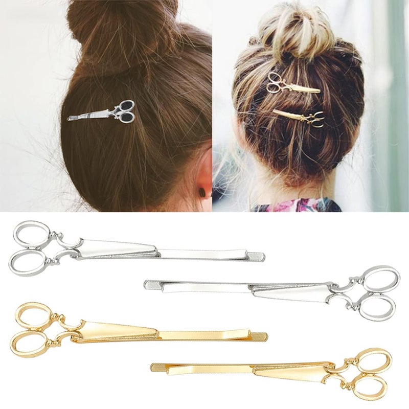 AKOAK AKOAK 4 Pcs 2 Gold  2 Silver Creative Scissors Shape Girls and Ladies Metal Hairpins Gold Silver Clothing Accessories Headwear Exquisite Hairpins