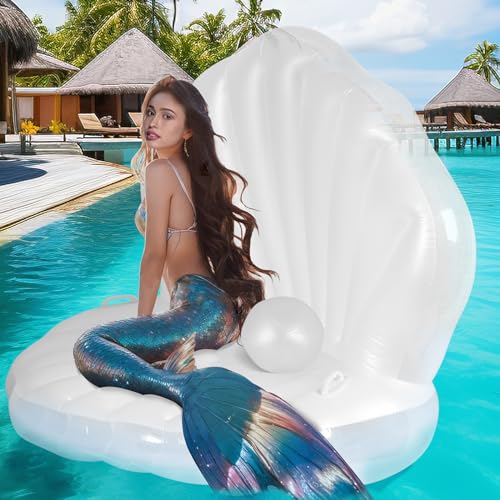 DREMTOY 52" Thickened Inflatable Seashell Pool Float, Giant Pool Floating Raft Chair with Pearl Balls, for Birthday Party, Ocean Theme Decorations, Beach & Pool Party Decorations - Image 1