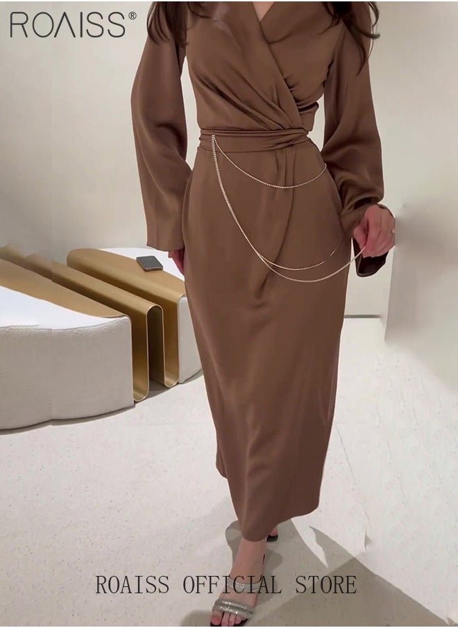 roaiss Elegant Long Sleeve Satin Dress for Women Advanced Solid Color Waisted Slim Chain Design Ankle-Length Skirt Ladies Temperament Comfortable Skin-Friendly Trumpet Sleeves Banquet Dress  - Image 4