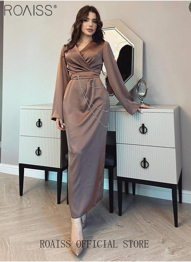 roaiss Elegant Long Sleeve Satin Dress for Women Advanced Solid Color Waisted Slim Chain Design Ankle-Length Skirt Ladies Temperament Comfortable Skin-Friendly Trumpet Sleeves Banquet Dress  - Image 2