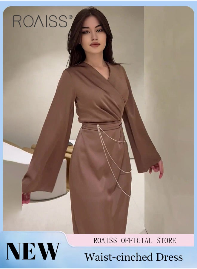 roaiss Elegant Long Sleeve Satin Dress for Women Advanced Solid Color Waisted Slim Chain Design Ankle-Length Skirt Ladies Temperament Comfortable Skin-Friendly Trumpet Sleeves Banquet Dress  - Image 1