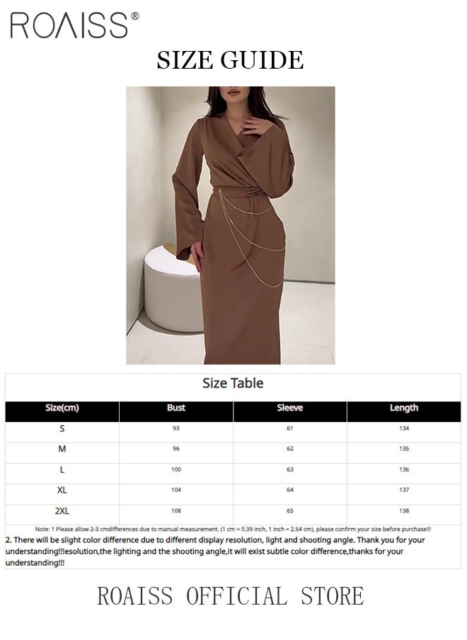 roaiss Elegant Long Sleeve Satin Dress for Women Advanced Solid Color Waisted Slim Chain Design Ankle-Length Skirt Ladies Temperament Comfortable Skin-Friendly Trumpet Sleeves Banquet Dress  - Image 5