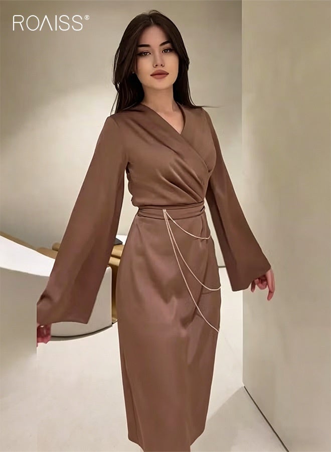 roaiss Women Elegant Long Sleeve Satin Dress for Women Advanced Solid Color Waisted Slim Chain Design Ankle-Length Skirt Ladies Temperament Comfortable Skin-Friendly Trumpet Sleeves Banquet Dress Brown - Image 1