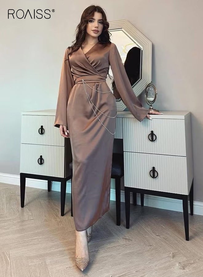roaiss Women Elegant Long Sleeve Satin Dress for Women Advanced Solid Color Waisted Slim Chain Design Ankle-Length Skirt Ladies Temperament Comfortable Skin-Friendly Trumpet Sleeves Banquet Dress Brown - Image 2