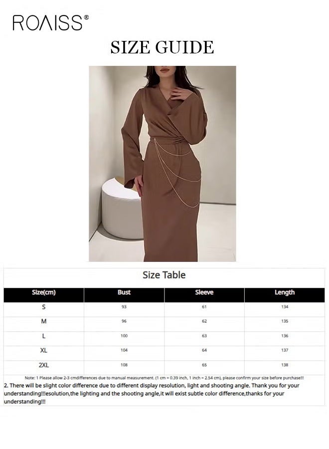 roaiss Women Elegant Long Sleeve Satin Dress for Women Advanced Solid Color Waisted Slim Chain Design Ankle-Length Skirt Ladies Temperament Comfortable Skin-Friendly Trumpet Sleeves Banquet Dress Brown - Image 5