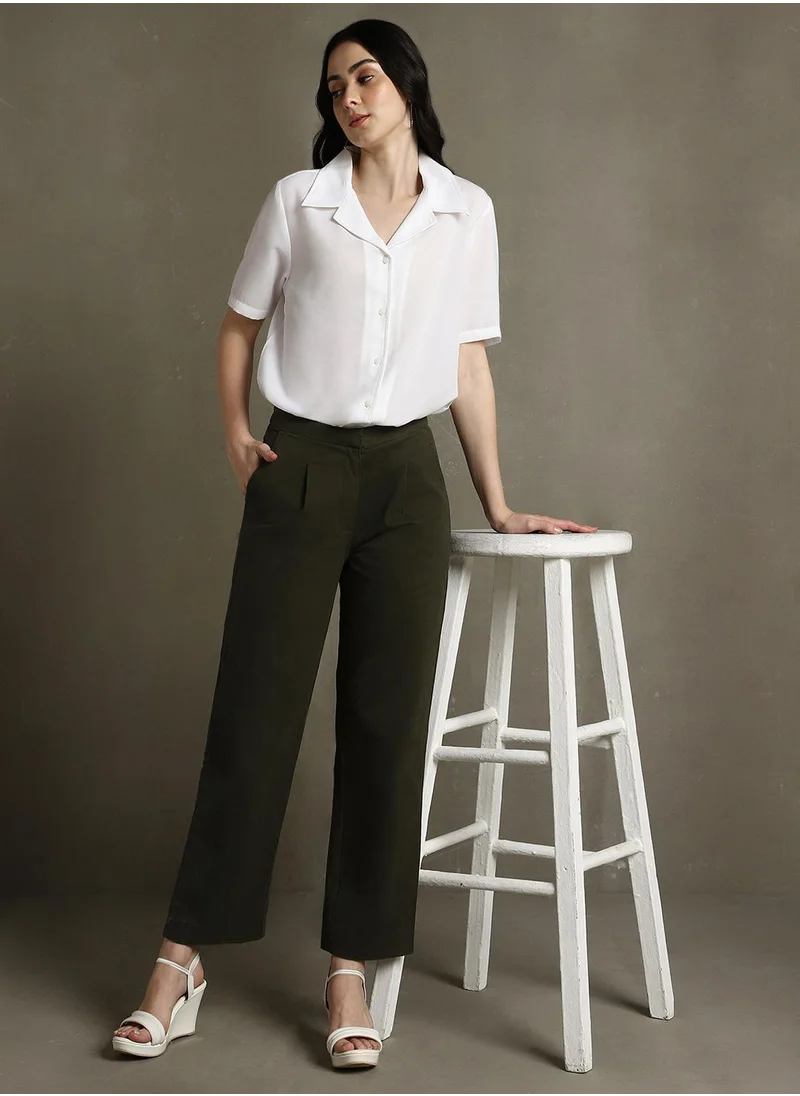 Dennis Lingo Women's Olive Cotton Blend Solid Full Length Chinos Straight Fit Trouser