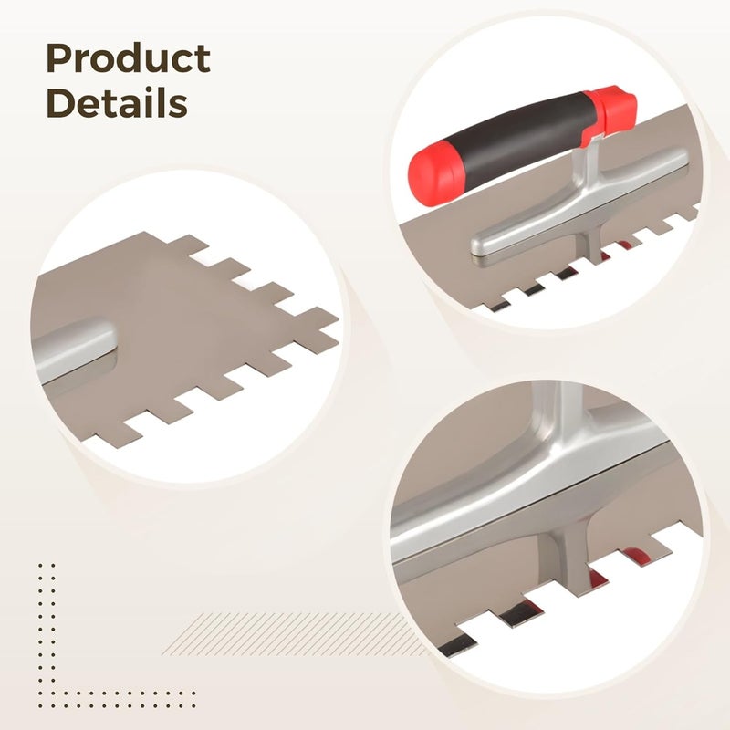 Flooring Installation Tool, Comfort Grip, Stainless Steel Professional Tile Trowel Square Notch Pattern, Ergonomic Grip Handle with Notched Trowel for Mortar Adhesive - Image 4
