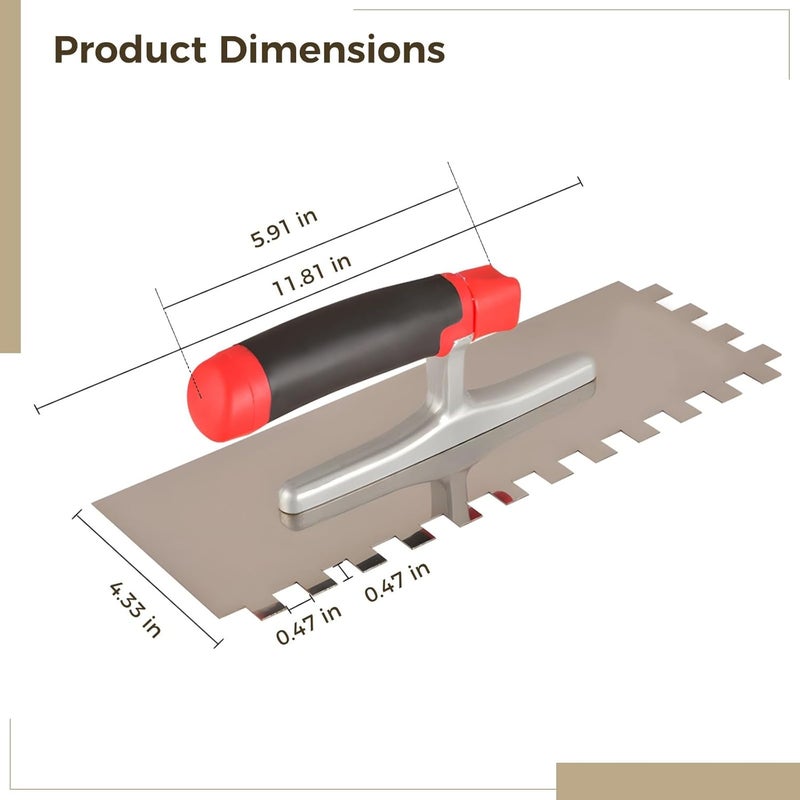 Flooring Installation Tool, Comfort Grip, Stainless Steel Professional Tile Trowel Square Notch Pattern, Ergonomic Grip Handle with Notched Trowel for Mortar Adhesive - Image 2