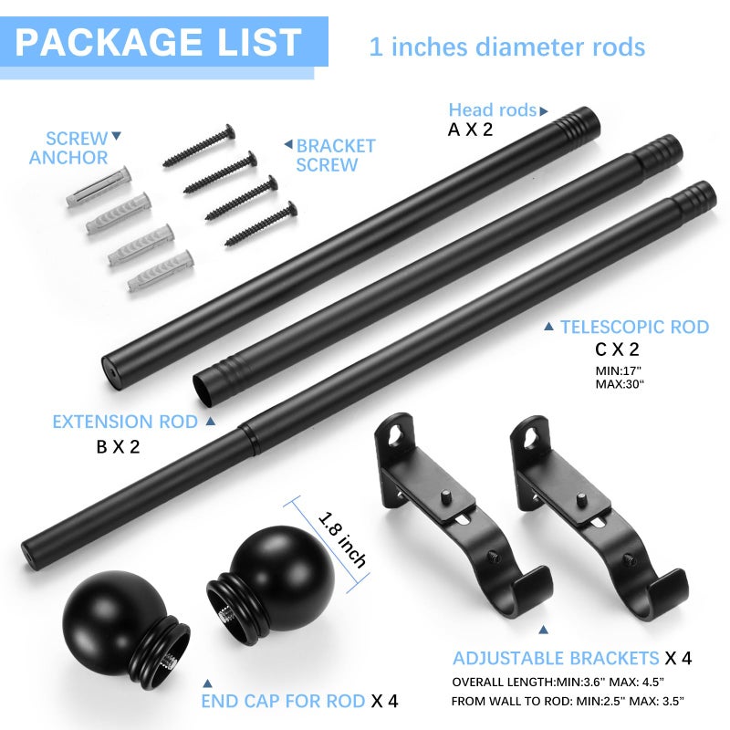AMZSEVEN Curtain Rods for Windows 16 to 48 Inches, Curtain Rod Max Adjustable Length of 60 IN, 1" Diameter Drapery Rods Round Finials, Black, Pack of 2 - Image 3