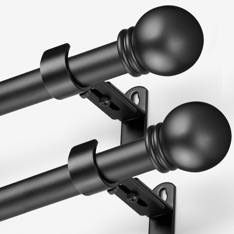 AMZSEVEN Curtain Rods for Windows 16 to 48 Inches, Curtain Rod Max Adjustable Length of 60 IN, 1" Diameter Drapery Rods Round Finials, Black, Pack of 2 - Image 1