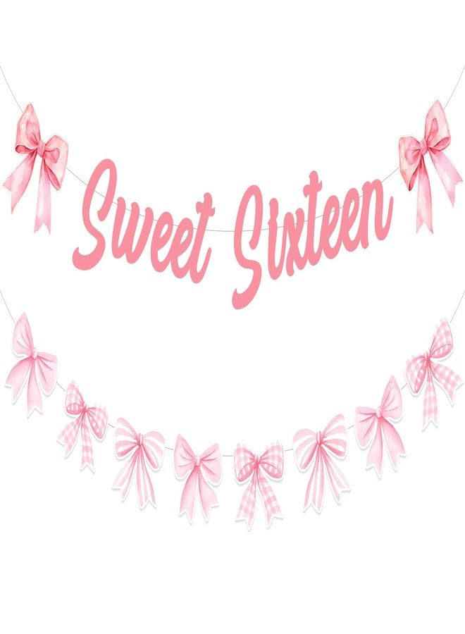 Fangleland Pink Bow 16th Birthday Decorations, Sweet Sixteen Banner and Pink Bow Garland for Happy 16th Birthday, Sweet 16 Yeasr Old Party Supplies for Girls - Image 1