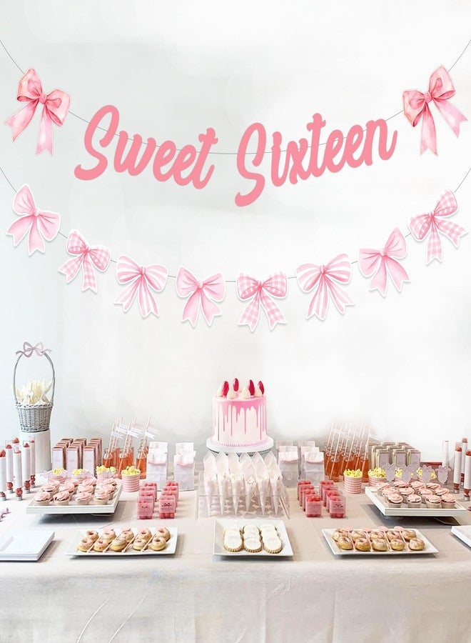 Fangleland Pink Bow 16th Birthday Decorations, Sweet Sixteen Banner and Pink Bow Garland for Happy 16th Birthday, Sweet 16 Yeasr Old Party Supplies for Girls - Image 4