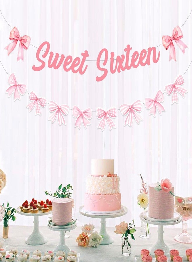 Fangleland Pink Bow 16th Birthday Decorations, Sweet Sixteen Banner and Pink Bow Garland for Happy 16th Birthday, Sweet 16 Yeasr Old Party Supplies for Girls - Image 2