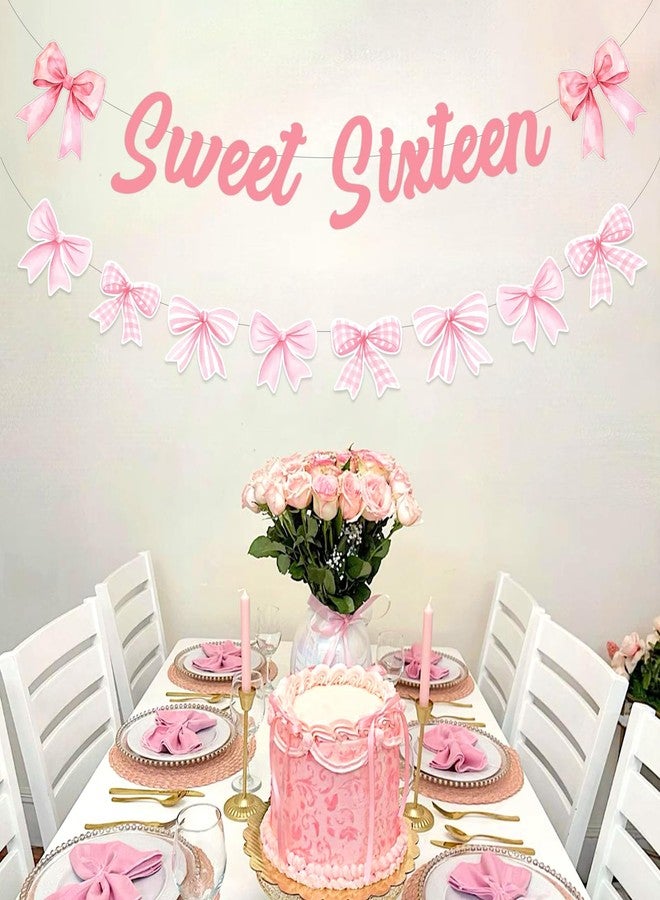 Fangleland Pink Bow 16th Birthday Decorations, Sweet Sixteen Banner and Pink Bow Garland for Happy 16th Birthday, Sweet 16 Yeasr Old Party Supplies for Girls - Image 3