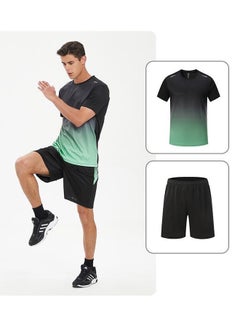 GRKC Men's 2-Piece Sportswear Set, Summer Quick-Drying Running Gear, Short-Sleeve T-Shirt and Shorts, Fitness Training Outfit, Lightweight Athletic Clothing for Gym, Jogging, Cycling, and Outdoor Activities, Color: Gradient Green  - Image 1