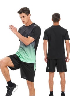 GRKC Men's 2-Piece Sportswear Set, Summer Quick-Drying Running Gear, Short-Sleeve T-Shirt and Shorts, Fitness Training Outfit, Lightweight Athletic Clothing for Gym, Jogging, Cycling, and Outdoor Activities, Color: Gradient Green  - Image 2