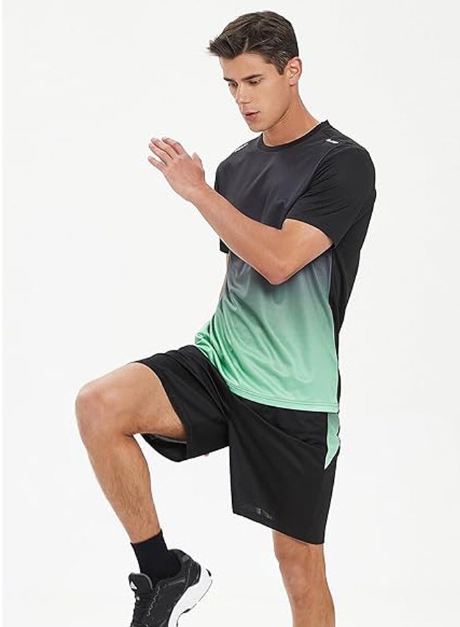 Men's 2-Piece Sportswear Set, Summer Quick-Drying Running Gear, Short-Sleeve T-Shirt and Shorts, Fitness Training Outfit, Lightweight Athletic Clothing for Gym, Jogging, Cycling, and Outdoor Activities, Color: Gradient Green