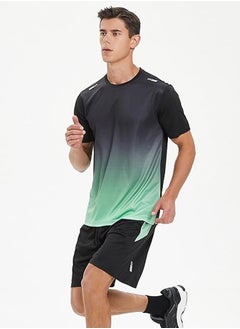 GRKC Men's 2-Piece Sportswear Set, Summer Quick-Drying Running Gear, Short-Sleeve T-Shirt and Shorts, Fitness Training Outfit, Lightweight Athletic Clothing for Gym, Jogging, Cycling, and Outdoor Activities, Color: Gradient Green  - Image 5
