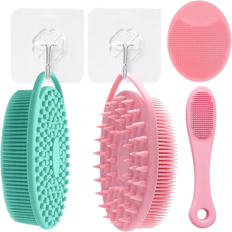 2Pack DualSided Silicone Body Scrubber Set with 2 Hooks 1 Nose Brush 1 Face Scrubber Gentle Exfoliating Silicone Loofah for ShowerSink Travel Friendly