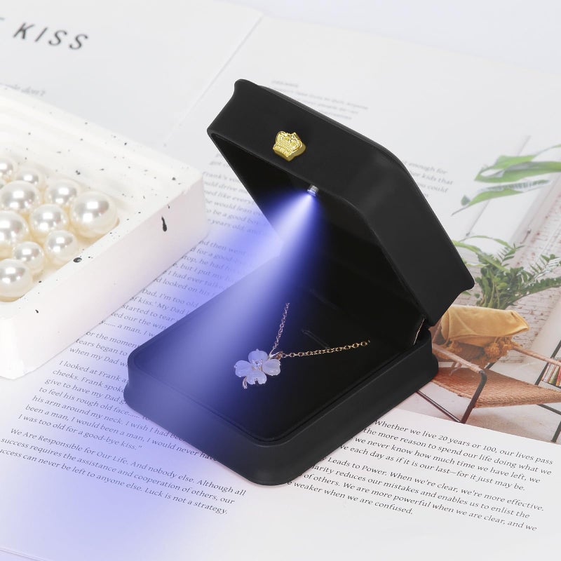 KUKUVR Necklace Pendant Gift Box with LED Light, Premium PU Leather Jewellry Storage Display Case for Wedding Engagement Birthday Anniversary Ceremony for Women Girl (Black) - Image 3