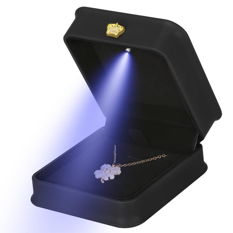 KUKUVR Necklace Pendant Gift Box with LED Light, Premium PU Leather Jewellry Storage Display Case for Wedding Engagement Birthday Anniversary Ceremony for Women Girl (Black) - Image 1