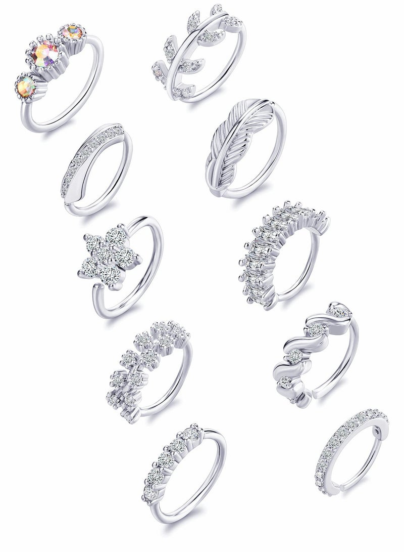Nose Ring Hoop, Zircon Nose Ring Jewelry Decoration, Paved Mosaic Feather Cartilage Earrings Pierced 20G Nose Rings for Men and Women (10 Pcs, Silver) - Image 1