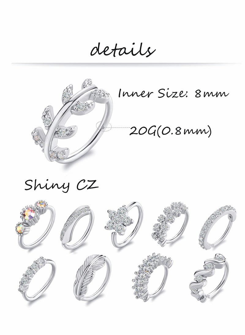 Nose Ring Hoop, Zircon Nose Ring Jewelry Decoration, Paved Mosaic Feather Cartilage Earrings Pierced 20G Nose Rings for Men and Women (10 Pcs, Silver) - Image 2