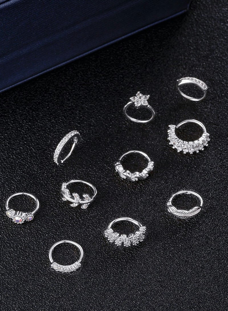 Nose Ring Hoop, Zircon Nose Ring Jewelry Decoration, Paved Mosaic Feather Cartilage Earrings Pierced 20G Nose Rings for Men and Women (10 Pcs, Silver) - Image 5