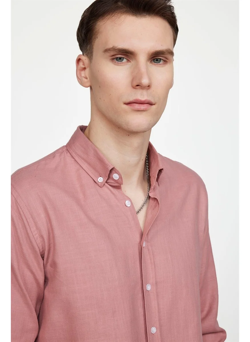 تودورس Slim Fit Long Sleeve Ribbed Collar Buttoned Linen Men's Powder Shirt