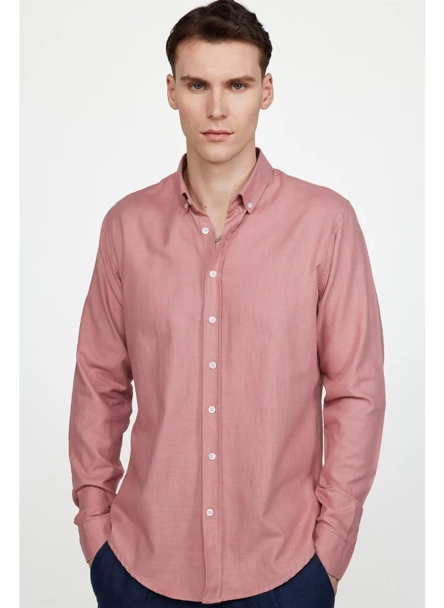 تودورس Slim Fit Long Sleeve Ribbed Collar Buttoned Linen Men's Powder Shirt