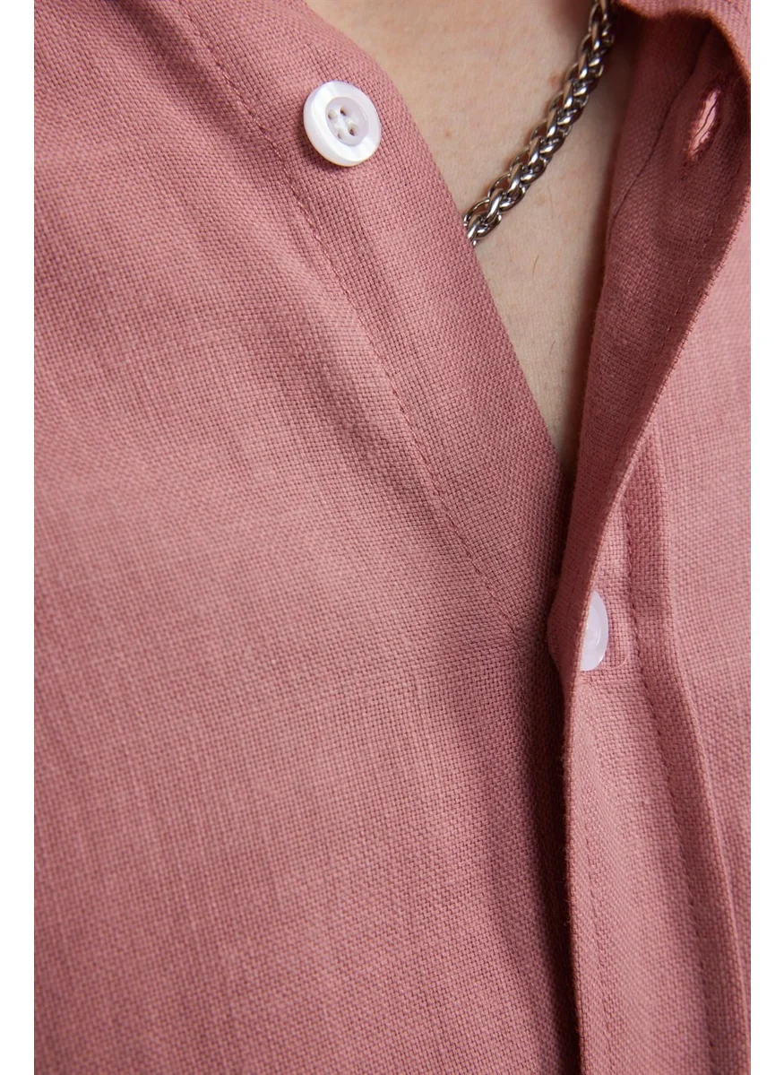 تودورس Slim Fit Long Sleeve Ribbed Collar Buttoned Linen Men's Powder Shirt