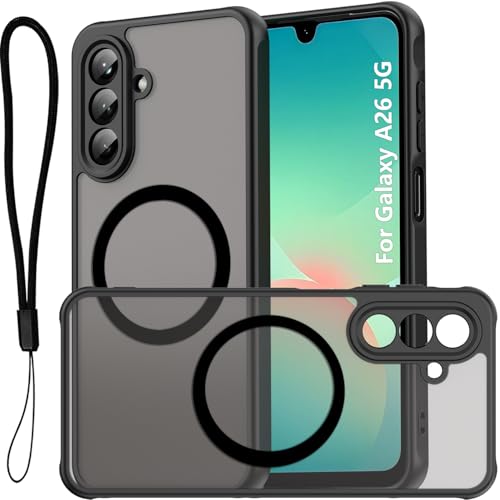 USTIYA Magnetic Case for Samsung Galaxy A26 5G Matte Acrylic Heavy-Duty Case with Camera Protection, Cover, and Strap Loop, Black FGCX - Image 1