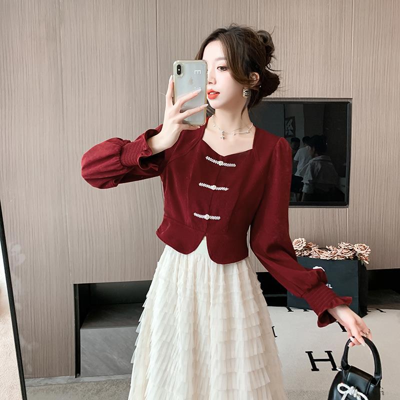 Real S 2025 Autumn New Chinese-Style Plate Buckle Small Fragrant Style Short Coat Fairy Beige Mesh Cake Skirt Women - Image 1